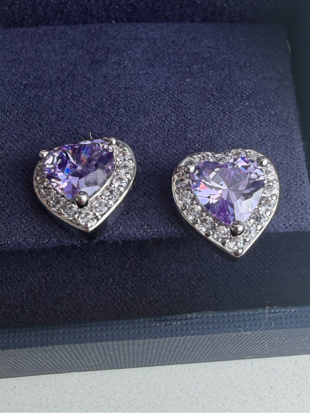 Heart-Shaped Purple Amethyst White Sapphire Stud Earrings - Silver Tone